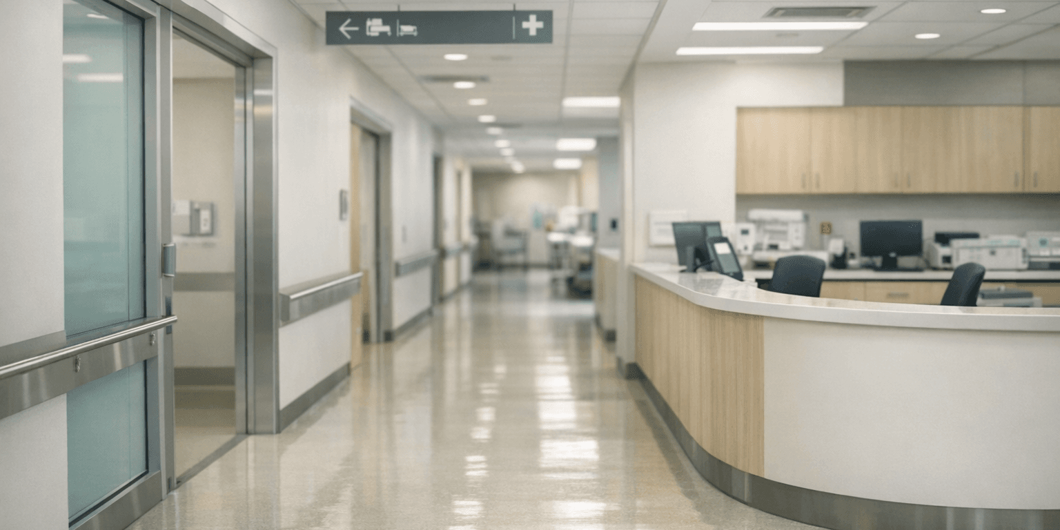 Couloir d’hôpital moderne sans personnes illustrant la mobilité interne et les parcours professionnels