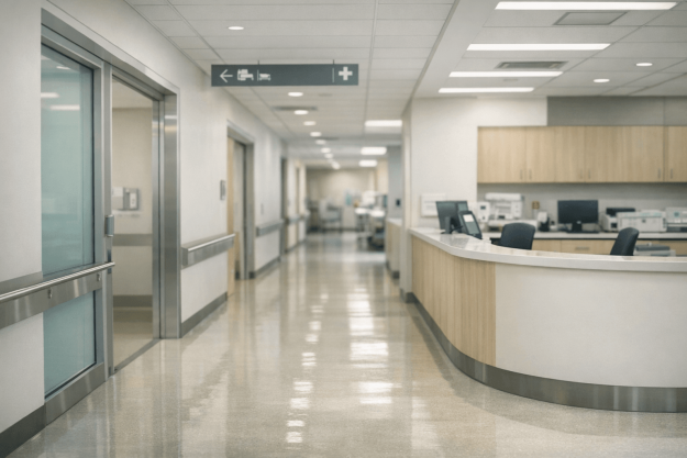 Mobilité interne à l’hôpital : parcours et compétences Couloir d’hôpital moderne sans personnes illustrant la mobilité interne et les parcours professionnels