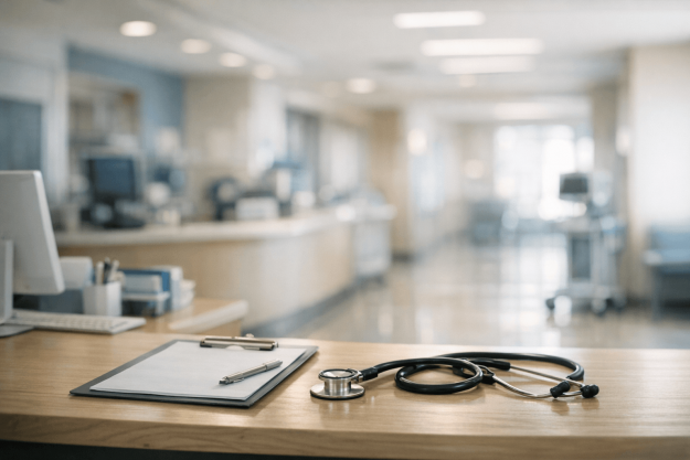 Poste de soins hospitalier vide illustrant la reprise du travail après un arrêt long des soignants