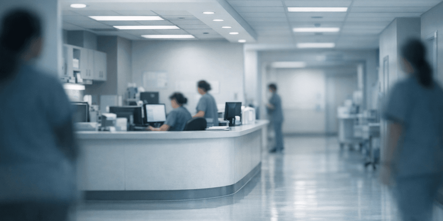 Couloir d’hôpital moderne illustrant l’organisation et la gestion des effectifs soignants