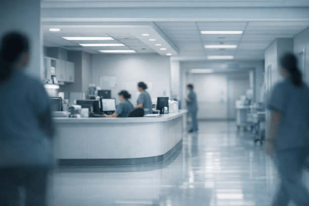 Couloir d’hôpital moderne illustrant l’organisation et la gestion des effectifs soignants