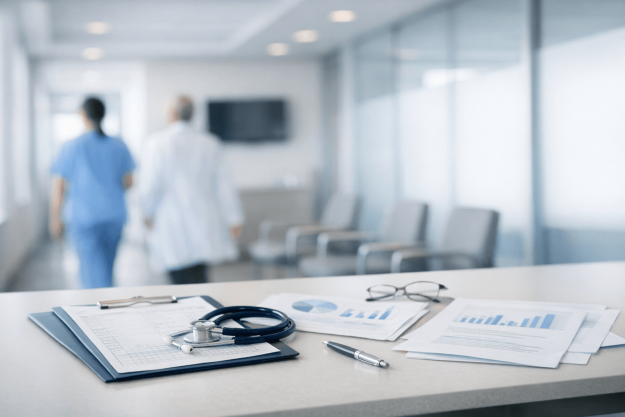 Entretien annuel à l’hôpital : évaluation et management Salle de réunion hospitalière sobre illustrant l’entretien annuel et l’évaluation RH des soignants