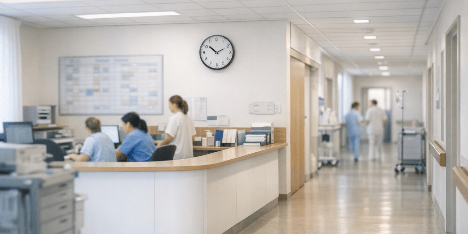 Organisation du temps de travail à l’hôpital : poste de soins et couloir, ambiance corporate sans personnes reconnaissables