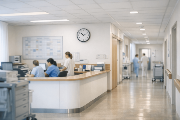 Organisation du temps de travail à l’hôpital : poste de soins et couloir, ambiance corporate sans personnes reconnaissables