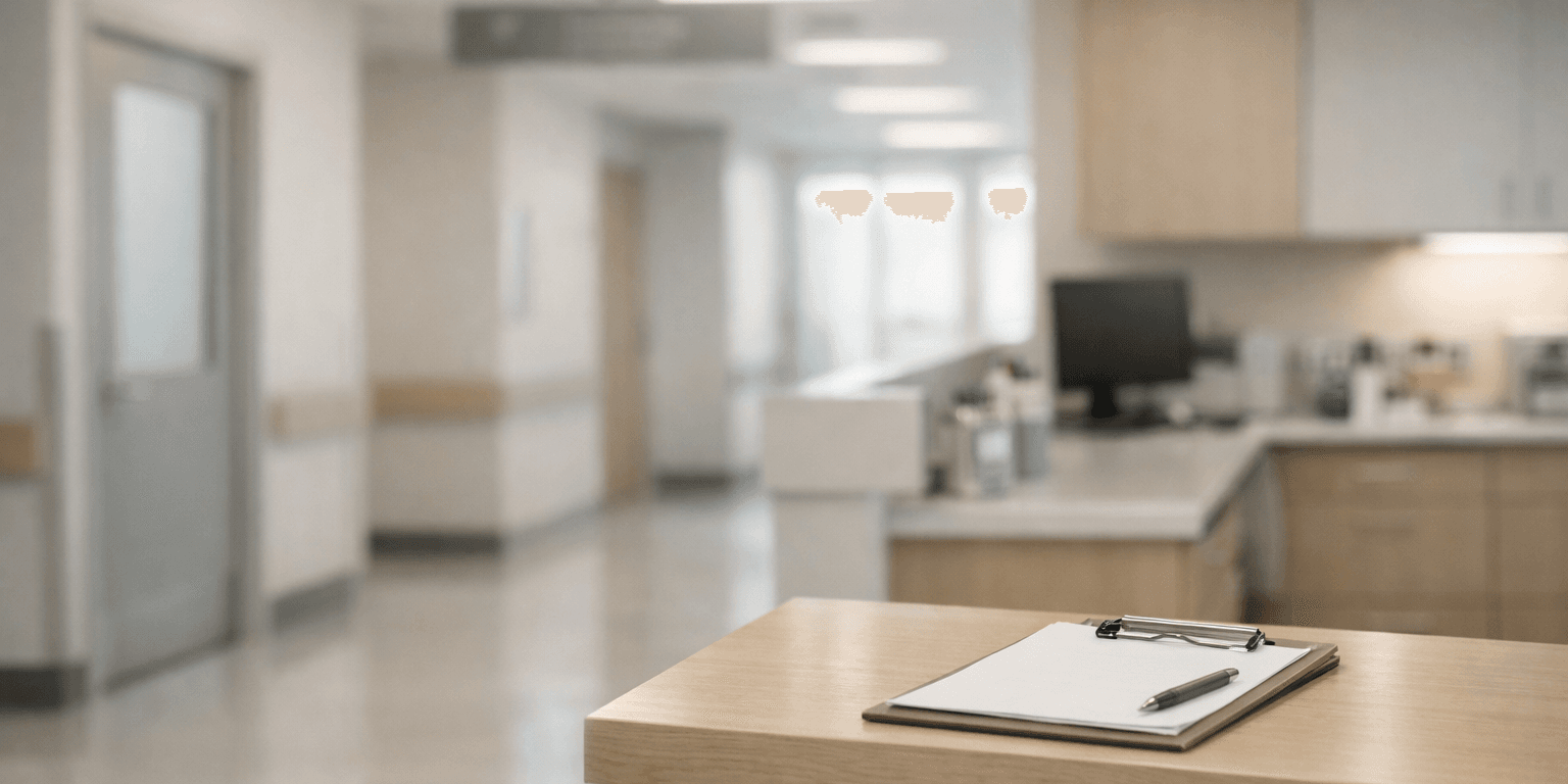 Couloir d’hôpital et poste de soins illustrant l’organisation d’un offboarding et la continuité des soins