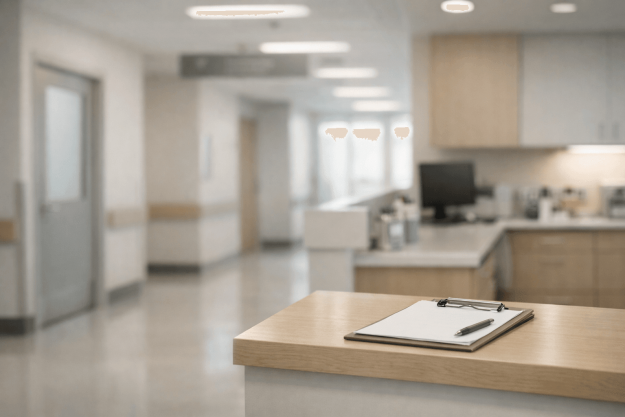 Offboarding à l’hôpital : sécuriser les départs Couloir d’hôpital et poste de soins illustrant l’organisation d’un offboarding et la continuité des soins