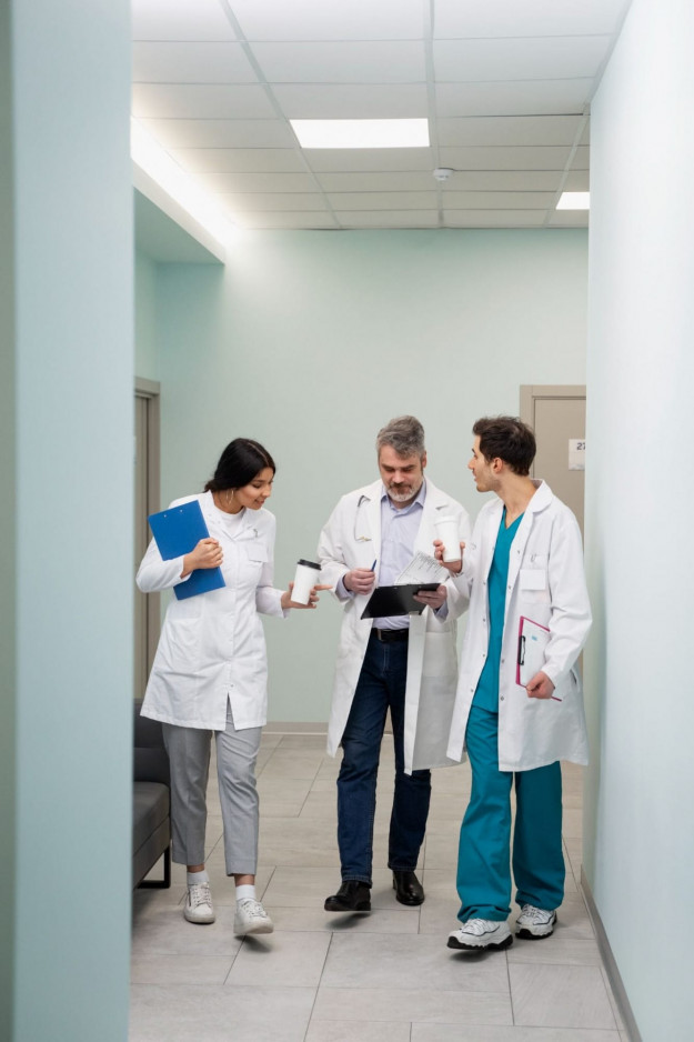 Trois médecins échangent dans le couloir d'un établissement de santé lors d'une garde médicale, illustrant la coordination des équipes et la continuité des soins.