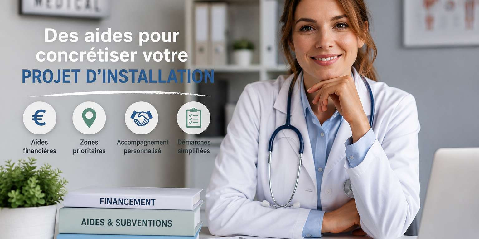 Médecin souriante assise dans un cabinet médical moderne, illustrant les aides financières et l'accompagnement à l'installation des médecins libéraux.