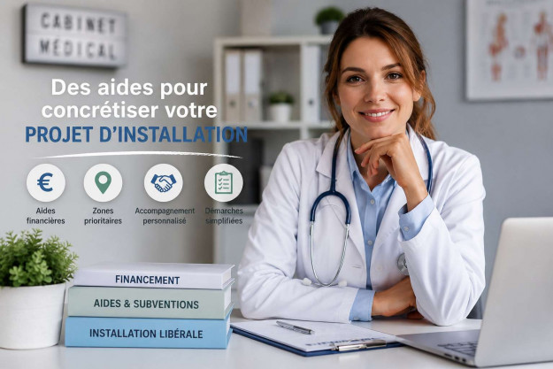Médecin souriante assise dans un cabinet médical moderne, illustrant les aides financières et l'accompagnement à l'installation des médecins libéraux.