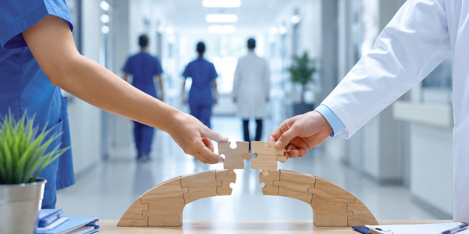 Une infirmière et un médecin assemblent les dernières pièces d'un pont en puzzle dans un couloir d'hôpital, symbolisant la continuité des soins et la transmission des compétences.