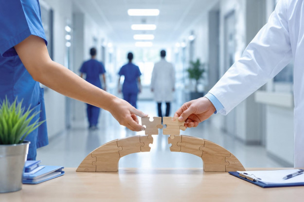Une infirmière et un médecin assemblent les dernières pièces d'un pont en puzzle dans un couloir d'hôpital, symbolisant la continuité des soins et la transmission des compétences.