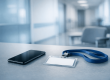 Smartphone professionnel posé sur une table dans un environnement hospitalier calme, illustrant le droit à la déconnexion