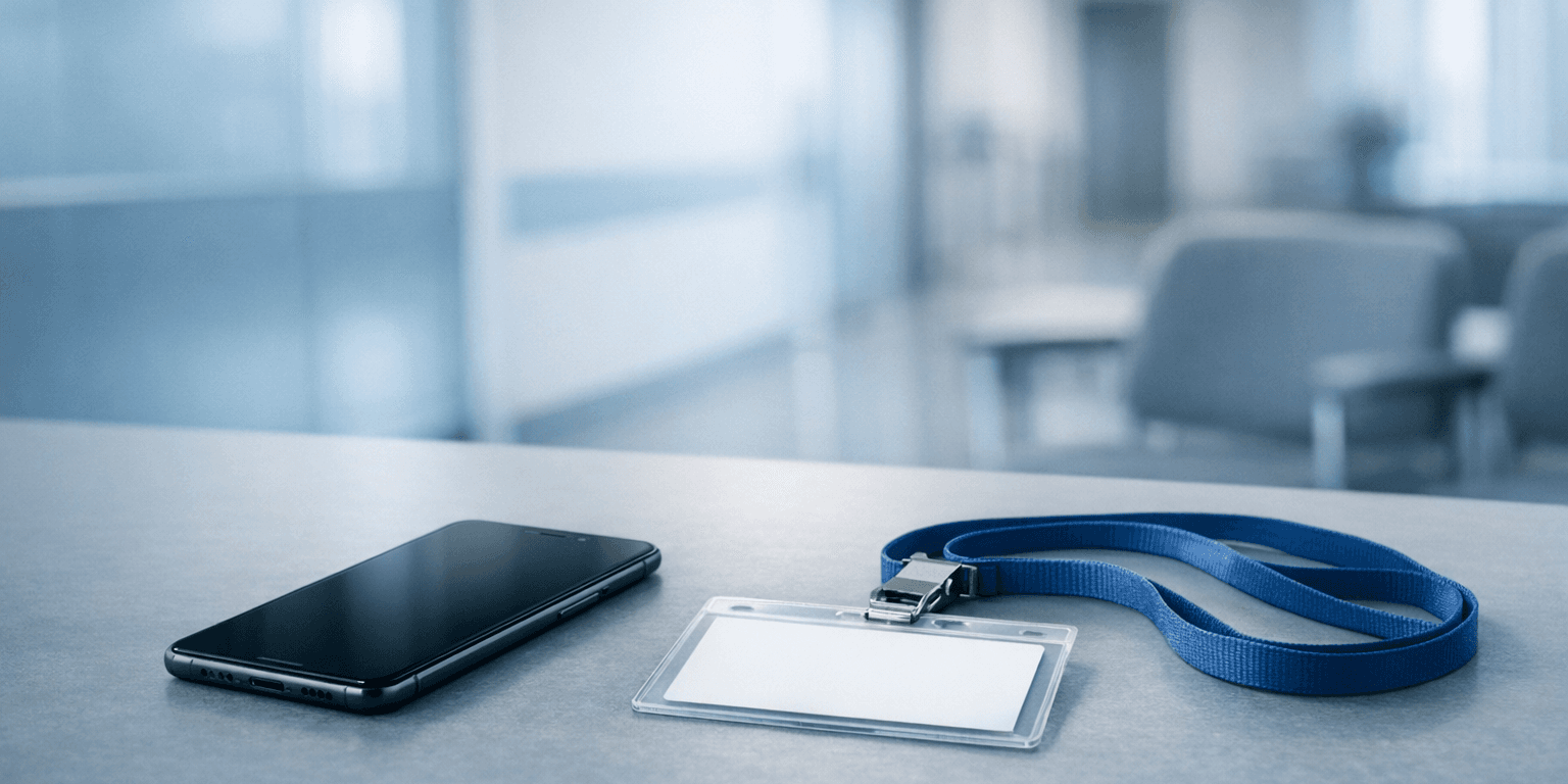 Smartphone professionnel posé sur une table dans un environnement hospitalier calme, illustrant le droit à la déconnexion