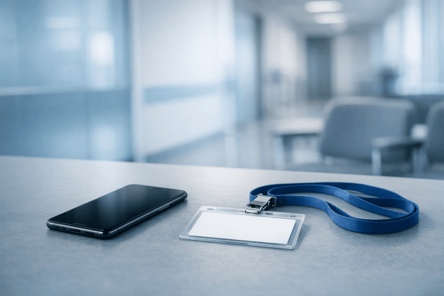 Smartphone professionnel posé sur une table dans un environnement hospitalier calme, illustrant le droit à la déconnexion