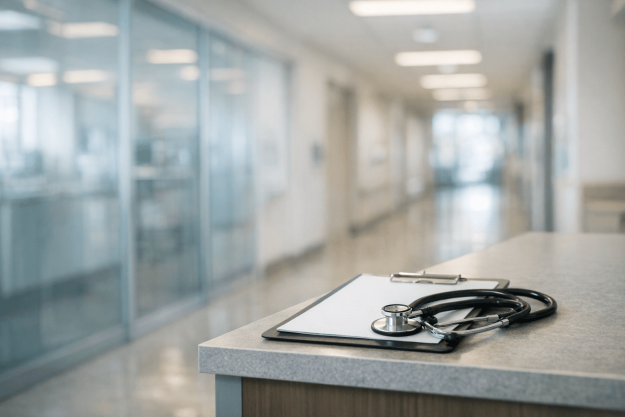 Couloir d’hôpital moderne illustrant un programme de mentorat et d’intégration des soignants