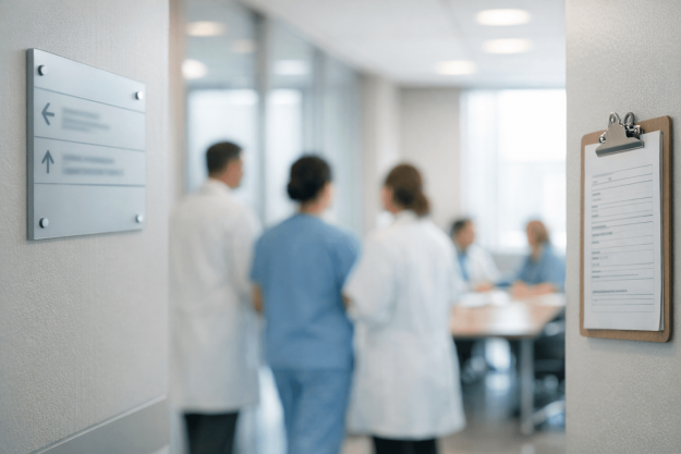 Couloir d’hôpital moderne illustrant un dispositif RH de mobilité interne et bilan de compétences