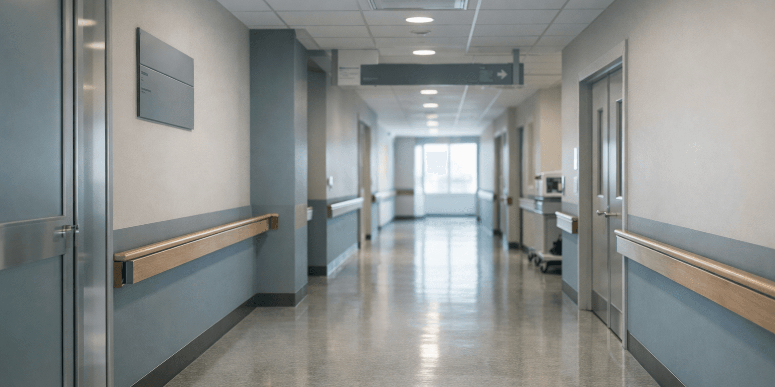 Entretien de retour après EIG : sécuriser la reprise à l’hôpital Couloir d’hôpital moderne et épuré illustrant un protocole RH de retour au travail après événement indésirable grave