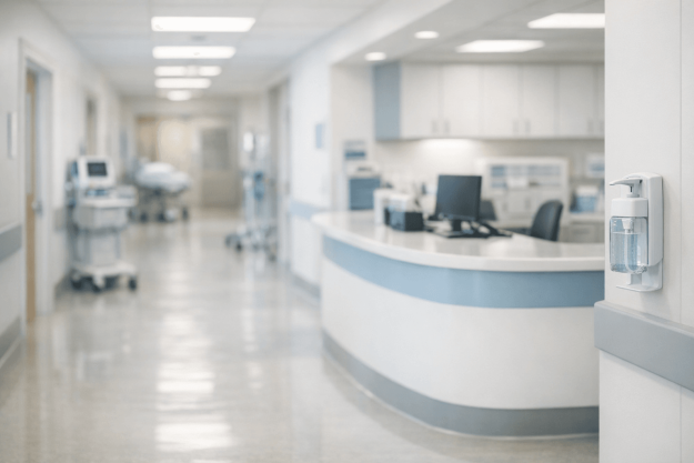 Stay interview à l’hôpital : prévenir les départs Couloir d’hôpital moderne illustrant la prévention des départs via les stay interviews