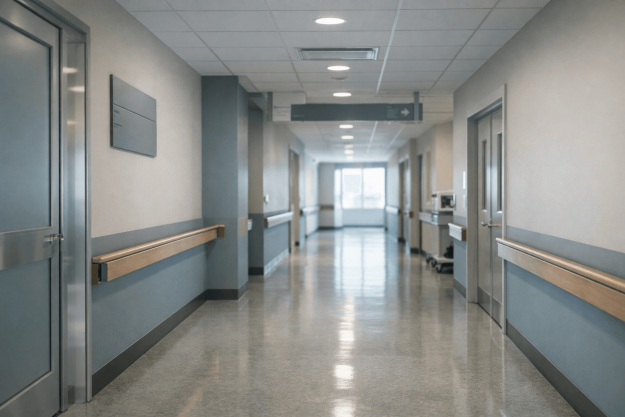 Entretien de retour après EIG : sécuriser la reprise à l’hôpital Couloir d’hôpital moderne et épuré illustrant un protocole RH de retour au travail après événement indésirable grave