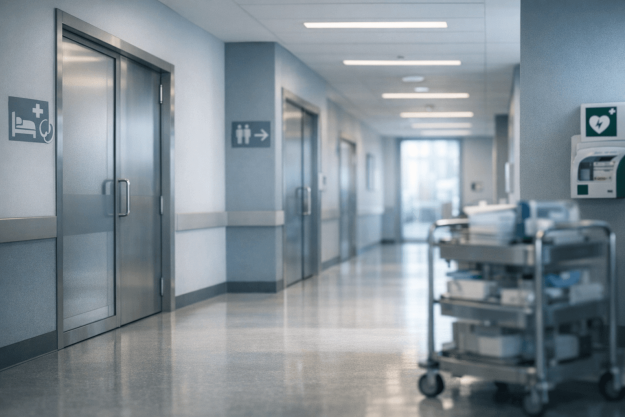 Médiation à l’hôpital et gestion des conflits Salle de réunion hospitalière sobre illustrant la médiation et la gestion des conflits en équipe soignante