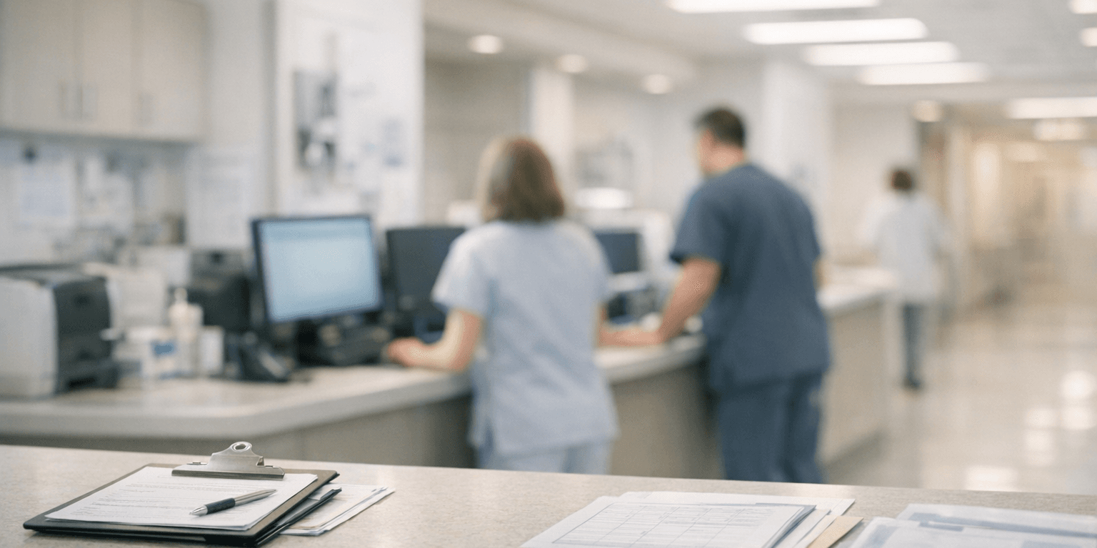 Période d’essai à l’hôpital : sécuriser l’intégration Poste de soins hospitalier illustrant la sécurisation de la période d’essai et l’intégration des soignants