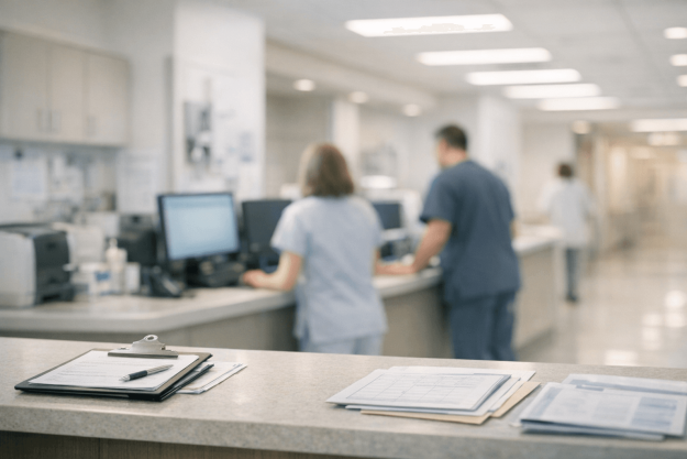 Période d’essai à l’hôpital : sécuriser l’intégration Poste de soins hospitalier illustrant la sécurisation de la période d’essai et l’intégration des soignants